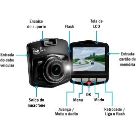 Câmera Veicular DVR Full HD 1080P, Tela LCD, Visão Noturna, USB, Com Bateria Recarregável