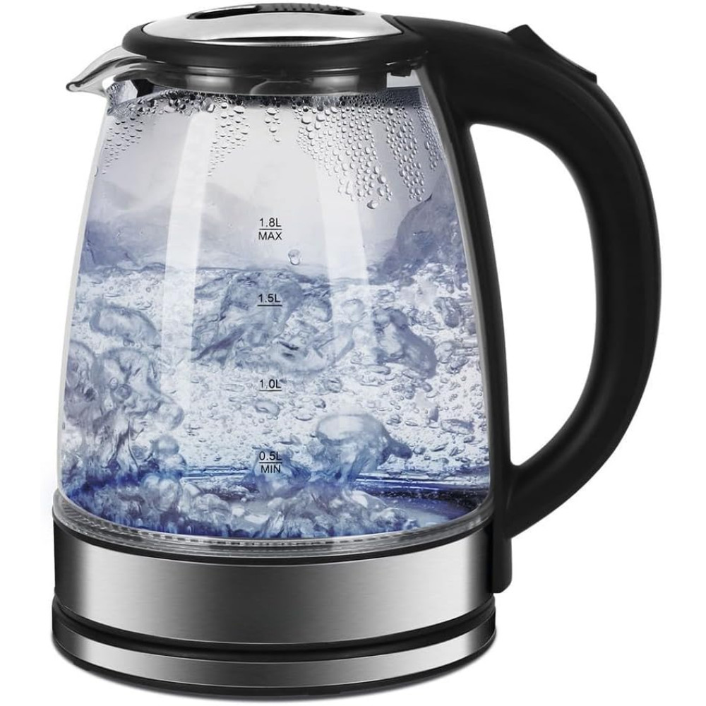 Chaleira Elétrica de Vidro, 1.8L, Desligamento Automático, Aço Inoxidável, 1500W
