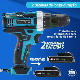 Furadeira Parafusadeira Sem Fio, 48V Bivolt, Torque 32 NM