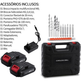 Furadeira Parafusadeira Sem Fio, 48V Bivolt, Torque 32 NM