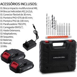 Furadeira Parafusadeira Sem Fio, 48V Bivolt, Torque 32 NM