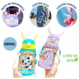 Garrafa De Água Squeeze Alce Com Adesivos Para Criança Portátil Com Desenho Alça e Canudo