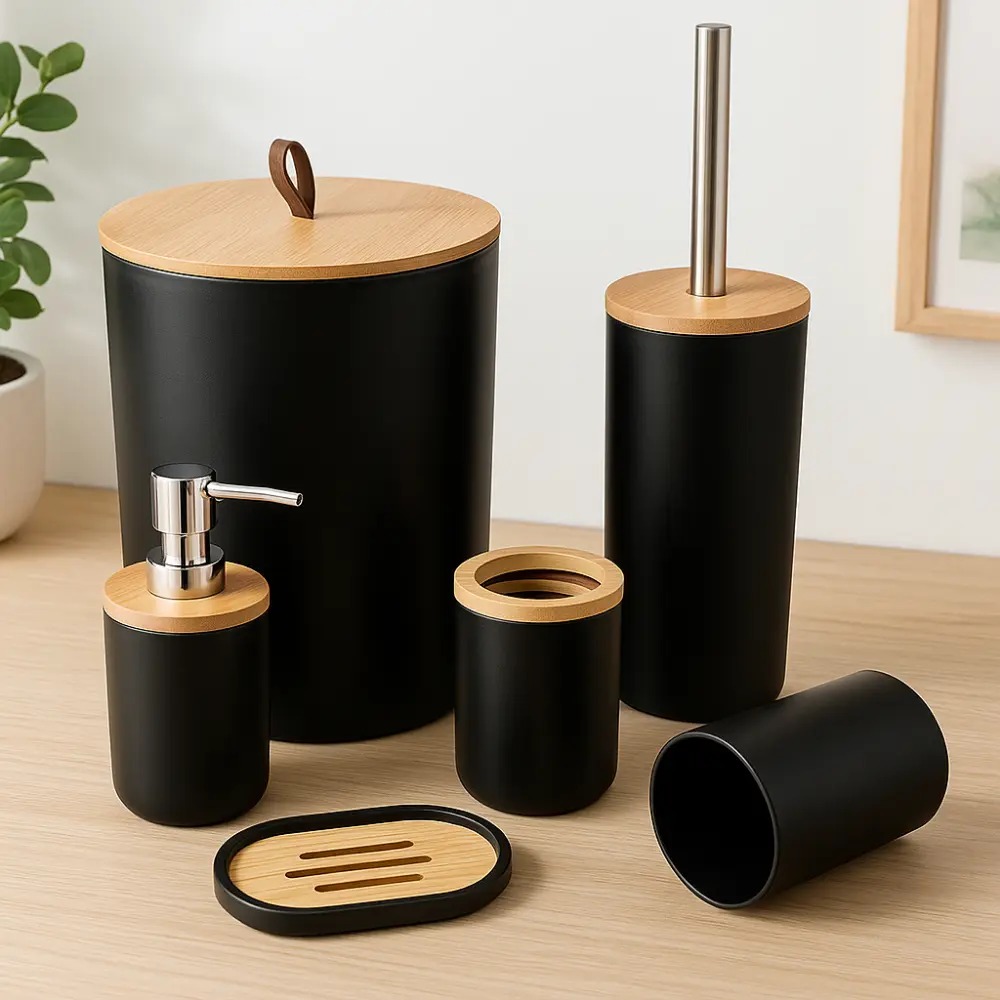 Kit para Banheiro com 6 ou 4 Peças e Detalhes em Bambu