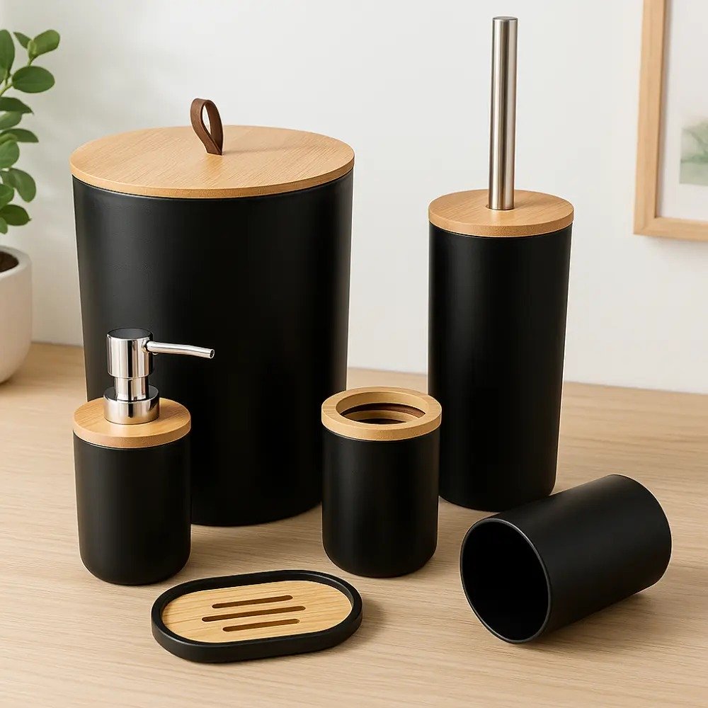 Kit para Banheiro com 6 ou 4 Peças e Detalhes em Bambu