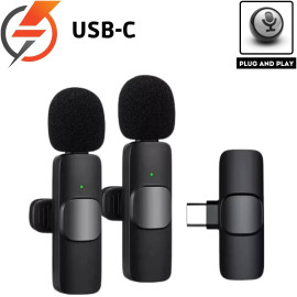 Microfone de Lapela Duplo Sem Fio Bluetooth USB-C Compatível com iPhone 15 Todos e Samsung (Microfone Lapela Duplo USB Tipo C)