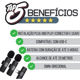 Microfone de Lapela Duplo Sem Fio Bluetooth USB-C Compatível com iPhone 15 Todos e Samsung (Microfone Lapela Duplo USB Tipo C)