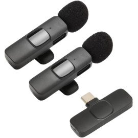 Microfone de Lapela Duplo Sem Fio Bluetooth USB-C Compatível com iPhone 15 Todos e Samsung (Microfone Lapela Duplo USB Tipo C)