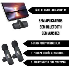 Microfone de Lapela Duplo Sem Fio Bluetooth USB-C Compatível com iPhone 15 Todos e Samsung (Microfone Lapela Duplo USB Tipo C)