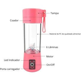 Mini Liquidificador Portatil Mixer Juice Garrafa Portátil Cabo USB 6 LâminaS