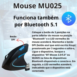 Mouse Gamer Vertical Sem Fio Ergonômico Recarregável Com Conexão USB 2.4G + Bluetooth e Ajuste de DPI