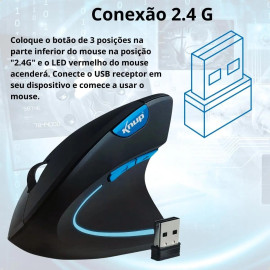 Mouse Gamer Vertical Sem Fio Ergonômico Recarregável Com Conexão USB 2.4G + Bluetooth e Ajuste de DPI