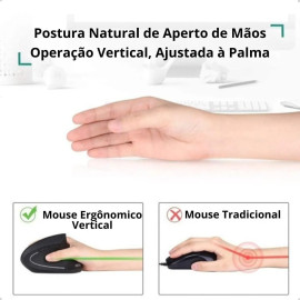 Mouse Gamer Vertical Sem Fio Ergonômico Recarregável Com Conexão USB 2.4G + Bluetooth e Ajuste de DPI