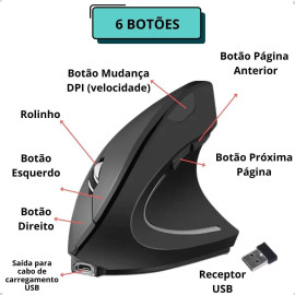 Mouse Gamer Vertical Sem Fio Ergonômico Recarregável Com Conexão USB 2.4G + Bluetooth e Ajuste de DPI