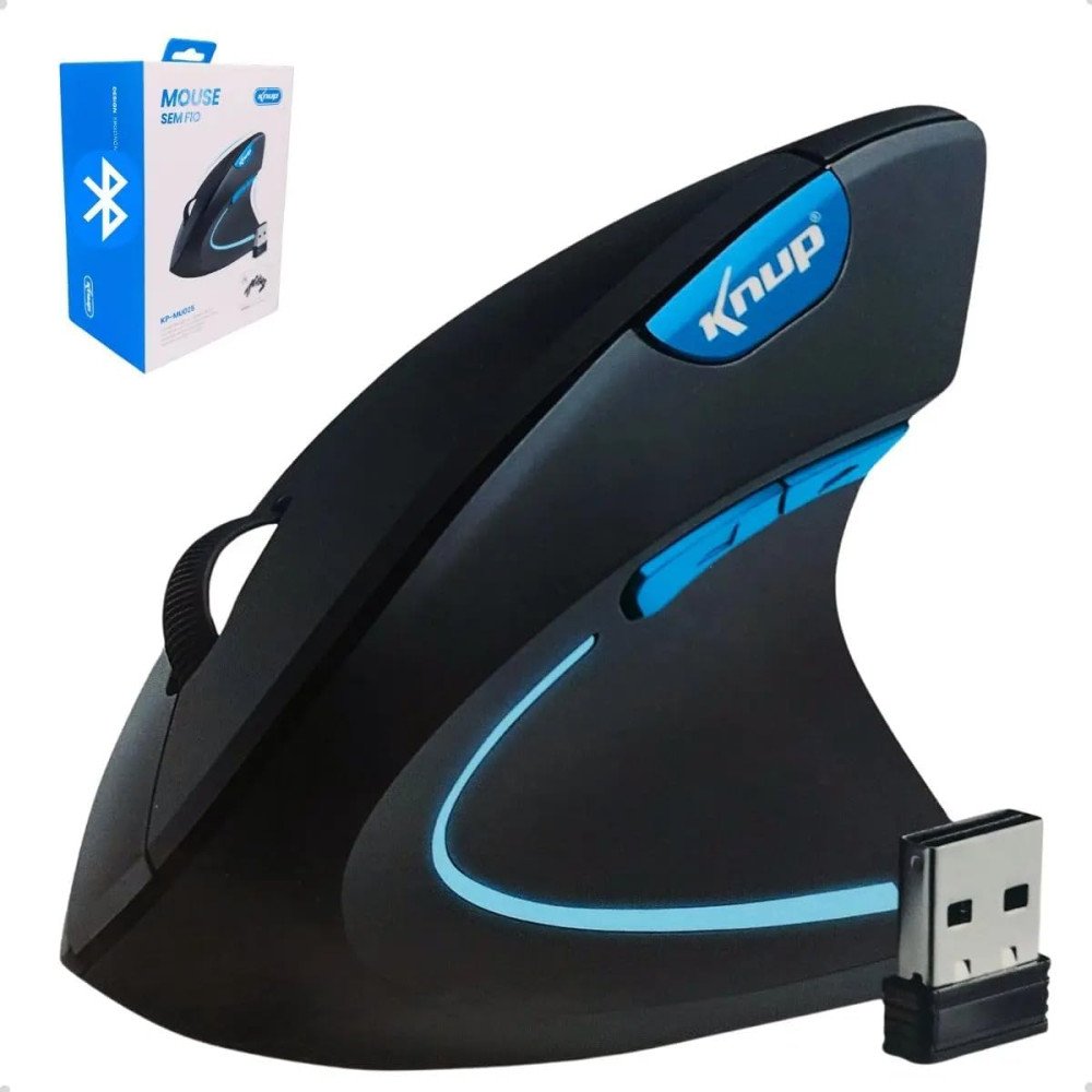 Mouse Gamer Vertical Sem Fio Ergonômico Recarregável Com Conexão USB 2.4G + Bluetooth e Ajuste de DPI