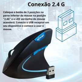 Mouse Gamer Vertical Sem Fio Ergonômico Recarregável Com Conexão USB 2.4G + Bluetooth e Ajuste de DPI