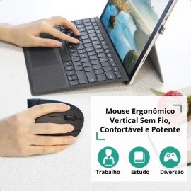 Mouse Gamer Vertical Sem Fio Ergonômico Recarregável Com Conexão USB 2.4G + Bluetooth e Ajuste de DPI