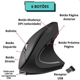 Mouse Gamer Vertical Sem Fio Ergonômico Recarregável Com Conexão USB 2.4G + Bluetooth e Ajuste de DPI