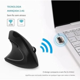 Mouse Gamer Vertical Sem Fio Ergonômico Recarregável Com Conexão USB 2.4G + Bluetooth e Ajuste de DPI