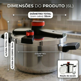 Panela de Pressão Aço Inox 6 Litros Fundo Triplo Indução e Gás - Segurança Tripla e Cozimento Rápido - Modelo Premium Polido.