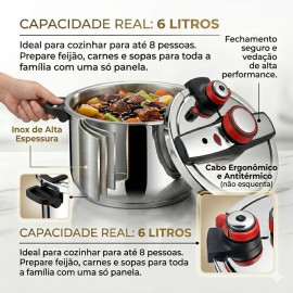 Panela de Pressão Aço Inox 6 Litros Fundo Triplo Indução e Gás - Segurança Tripla e Cozimento Rápido - Modelo Premium Polido.