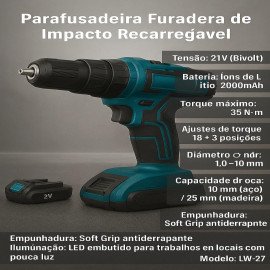 Parafusadeira Furadeira de Impacto 21V Recarregável 