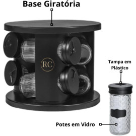 Porta Condimento Giratório com 6 Potes em Vidro