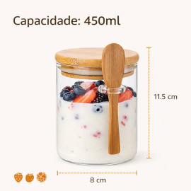 Pote De Vidro Hermético Com Tampa E Colher De Bambu 440ML Linha Premium