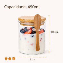 Pote De Vidro Hermético Com Tampa E Colher De Bambu 440ML Linha Premium