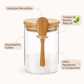 Pote De Vidro Hermético Com Tampa E Colher De Bambu 440ML Linha Premium