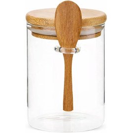 Pote De Vidro Hermético Com Tampa E Colher De Bambu 440ML Linha Premium