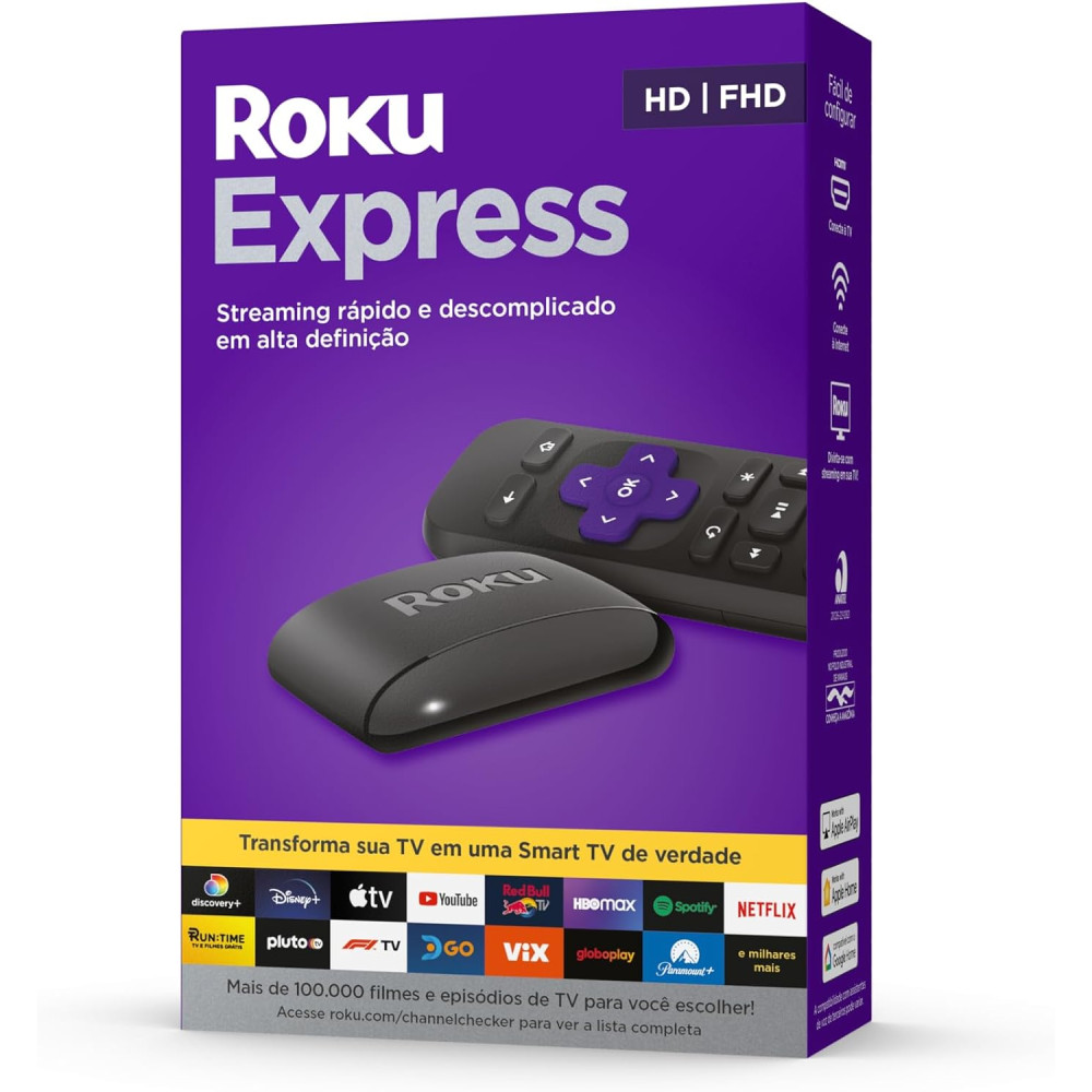 Roku Express -  Dispositivo de streaming para TV HD/Full HD 4K compatível com Alexa, Siri e Google. Inclui Cabo HDMI