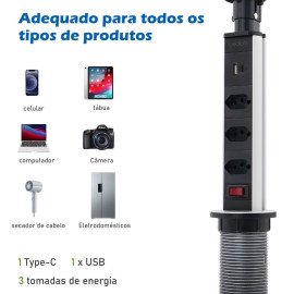 Torre 3 Tomadas de Mesa Retrátil Bivolt De Embutir Bancada