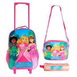 Conjunto Mochila Escolar Infantil Princesas de Rodinhas