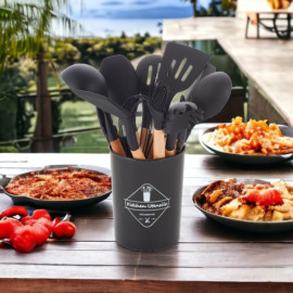 Kit 12 Utensílios De Cozinha Em Silicone E Cabo De Madeira