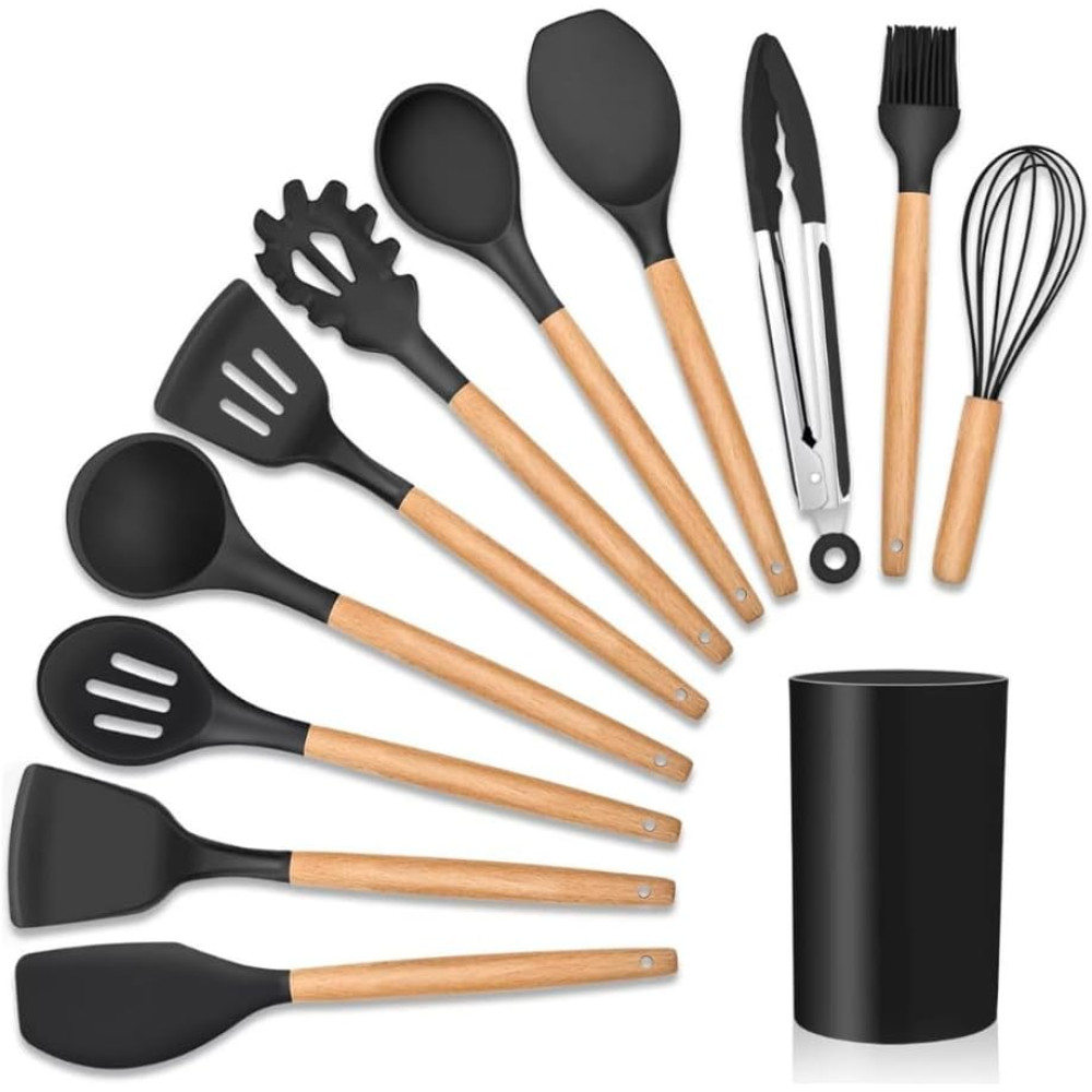 Kit 12 Utensílios De Cozinha Em Silicone E Cabo De Madeira