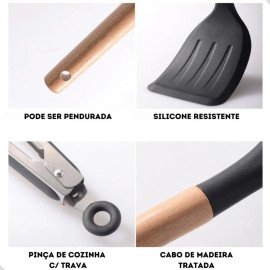 Kit 12 Utensílios De Cozinha Em Silicone E Cabo De Madeira