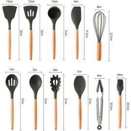 Kit 12 Utensílios De Cozinha Em Silicone E Cabo De Madeira