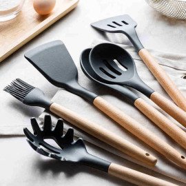 Kit 12 Utensílios De Cozinha Em Silicone E Cabo De Madeira