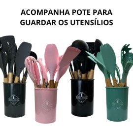 Kit 12 Utensílios De Cozinha Em Silicone E Cabo De Madeira